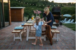 A person and a child at a picnic table, Summer Celebrations Pet Safety Tips